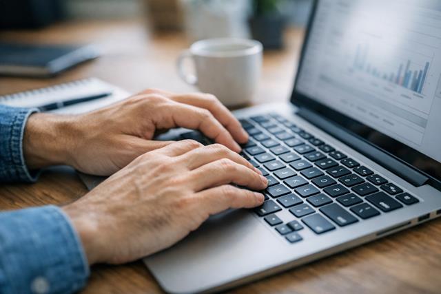 Photo of hands typing on a laptop