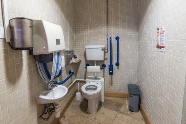 Accessible toilet: Close-up (Cathal Brugha Room side). Close-up image of the first unisex accessible toilet.