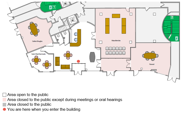 Reception area layout map. This map shows the layout of the reception area. Most areas in this map are open to the public and are shaded white. It also shows shaded light red the Maoilbhríde Room, Parnell Room and Cathal Brugha Room which are only open to the public when invited to an event or when given permission by An Bord Pleanála staff. Areas which are not open to the public are shaded light grey.